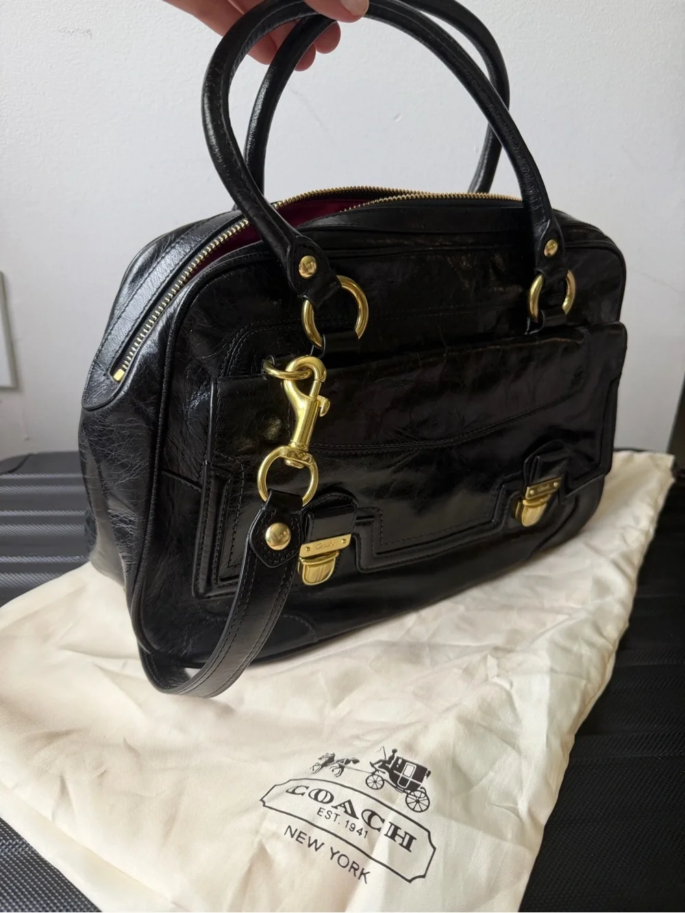 Coach Black Leather Satchel with Gold Hardware and Detachable Strap